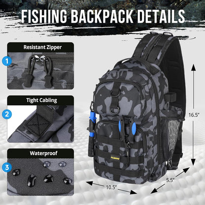 Fishing Backpack with Tackle Boxes, Waterproof Fishing Sling Tackle Bag for Fishing Gear with Rod Holder, Fishing Gifts for Men with Fishing Lures, Fishing Pliers.