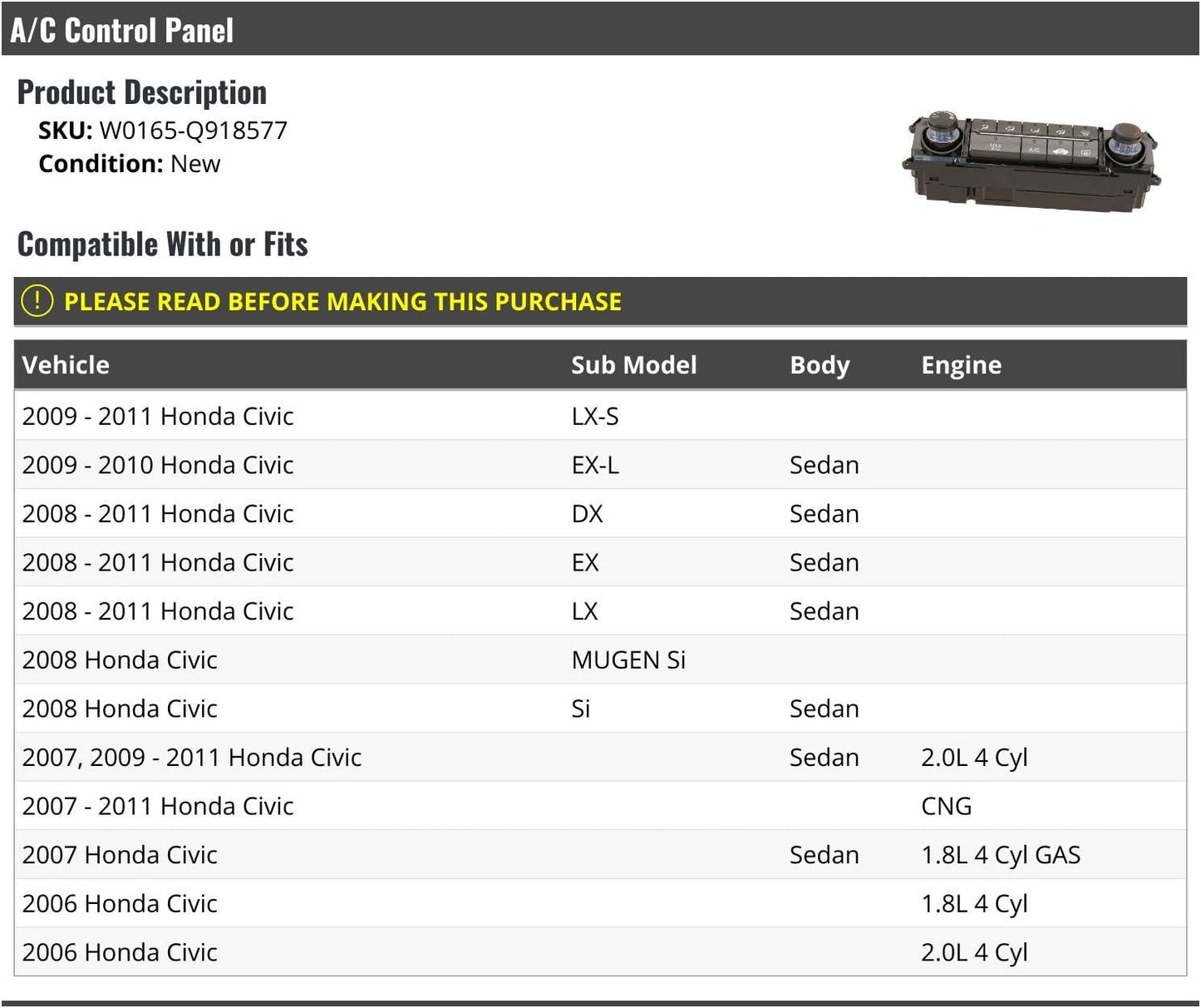 A/C Control Panel - Compatible with 2006-2011 Honda Civic Sedan