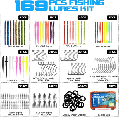 Fishing Lures, Bass Fishing Kit with Wacky Worm, Fishing Worms for Bass Fishing, Soft Plastic Baits with Hooks, Weights, Fishing Accessories, Fishing Gear Fishing Gifts for Men with Tackle Box