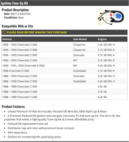 Ignition Tune-Up Kit - Spark Plug Wires, Distributor Cap and Rotor - Compatible with 1988-1993 Chevy C1500 V8