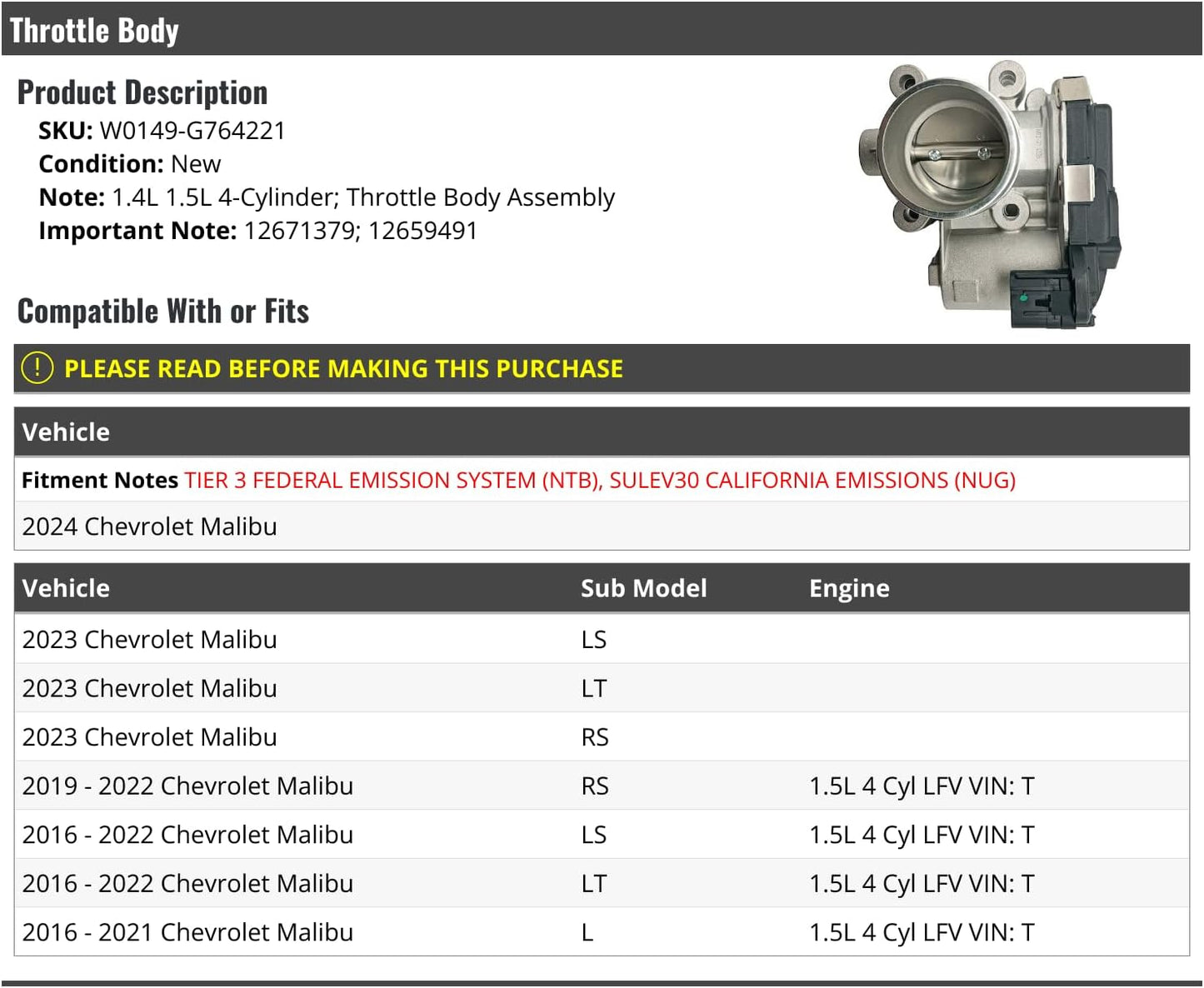Throttle Body - Compatible with 2016-2024 Chevy Malibu 1.5L 4-Cylinder LFV (Vin T)