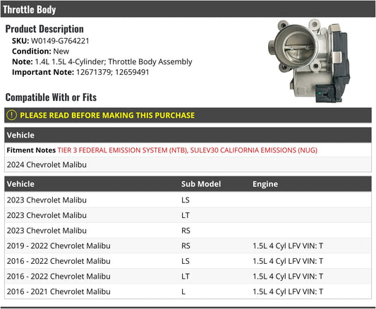 Throttle Body - Compatible with 2016-2024 Chevy Malibu 1.5L 4-Cylinder LFV (Vin T)