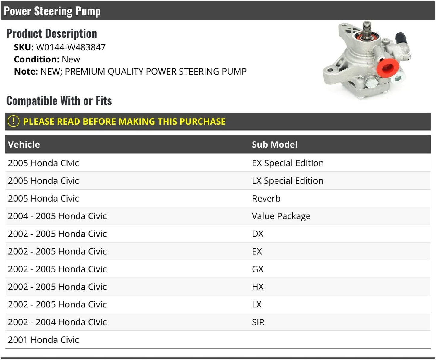 , Power Steering Pump - Compatible with 2001-2005 Honda Civic