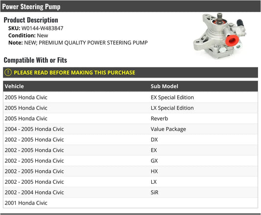 , Power Steering Pump - Compatible with 2001-2005 Honda Civic