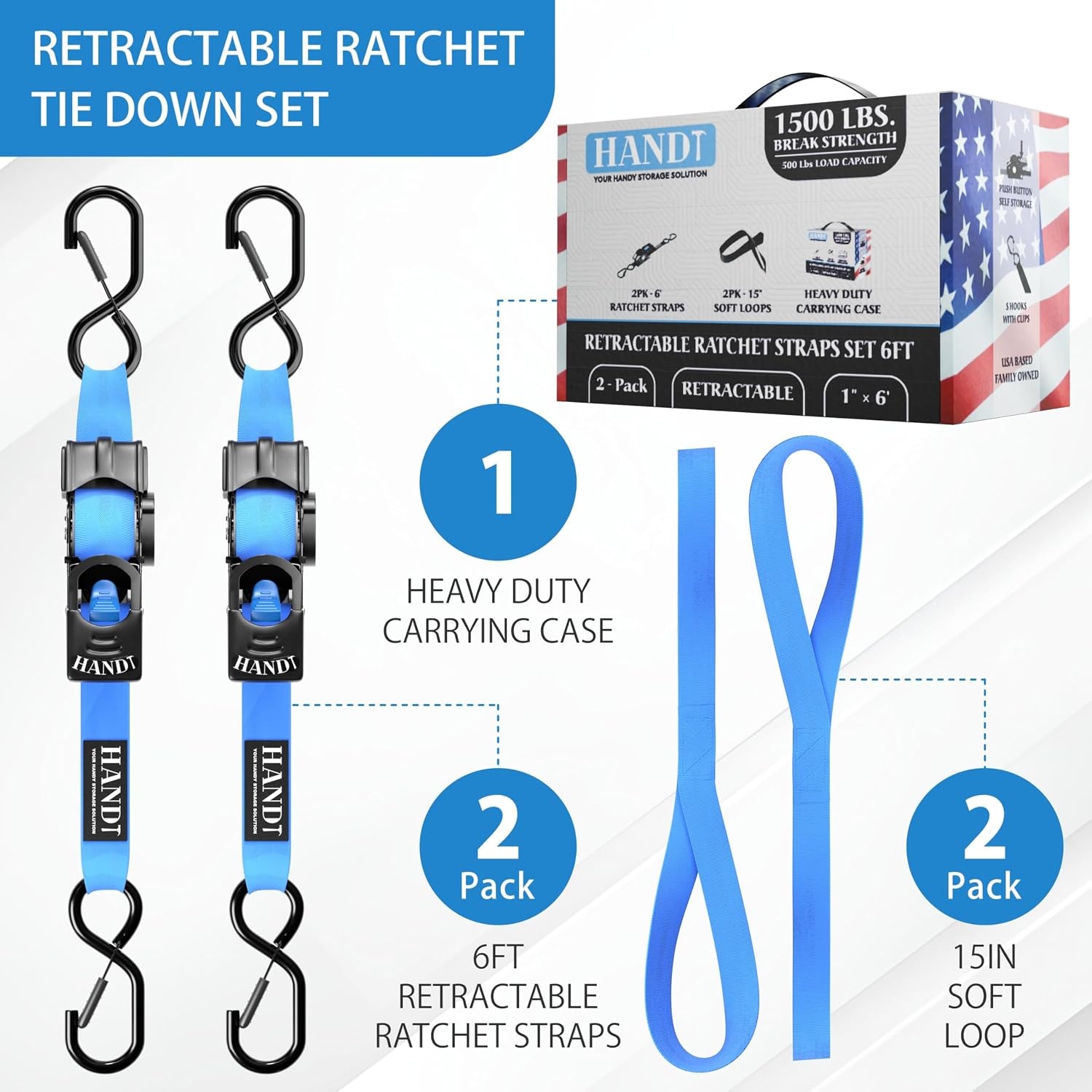 USA Based Retractable Ratchet Straps (2PK) 1In X 6Ft - 1,500Lb Break Strength, Heavy Duty Automatic Ratchet Straps Self Retractable Tie Down, Push Button Retracting Truck Trailer Cargo | Blue
