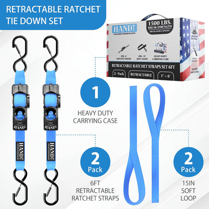 USA Based Retractable Ratchet Straps (2PK) 1In X 6Ft - 1,500Lb Break Strength, Heavy Duty Automatic Ratchet Straps Self Retractable Tie Down, Push Button Retracting Truck Trailer Cargo | Blue