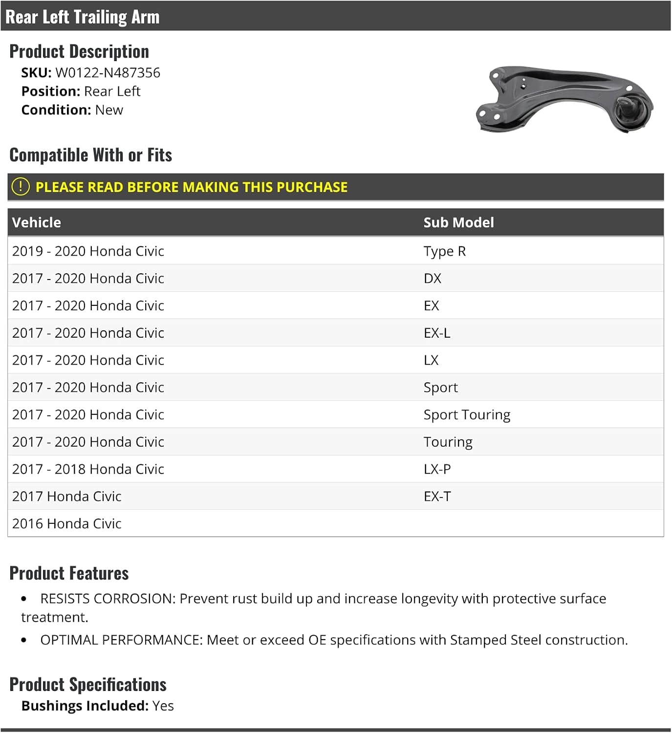 Rear Left Driver Side Trailing Arm - Compatible with 2016-2020 Honda Civic