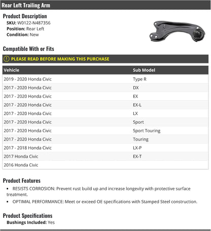 Rear Left Driver Side Trailing Arm - Compatible with 2016-2020 Honda Civic